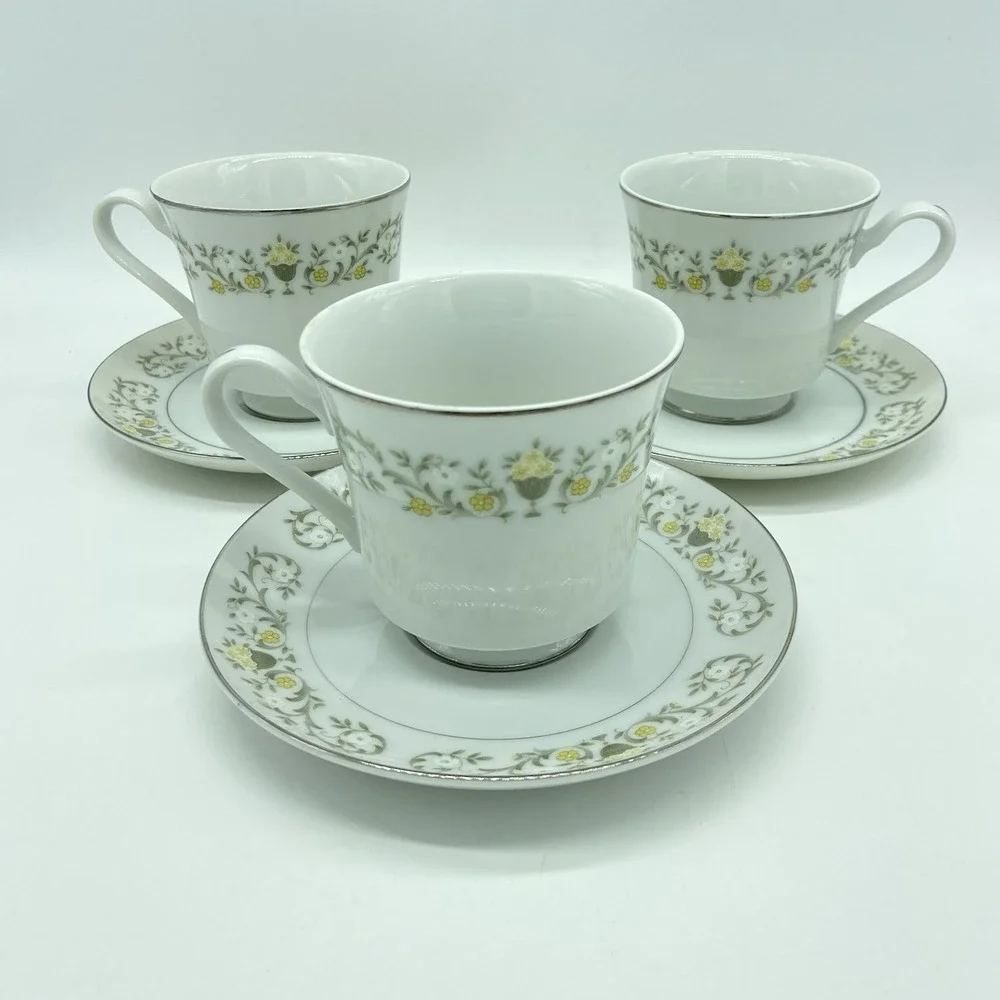 Sterling China Co. Florentine Cups & Saucers Set Of 3 Shabby Chic Cottagecore